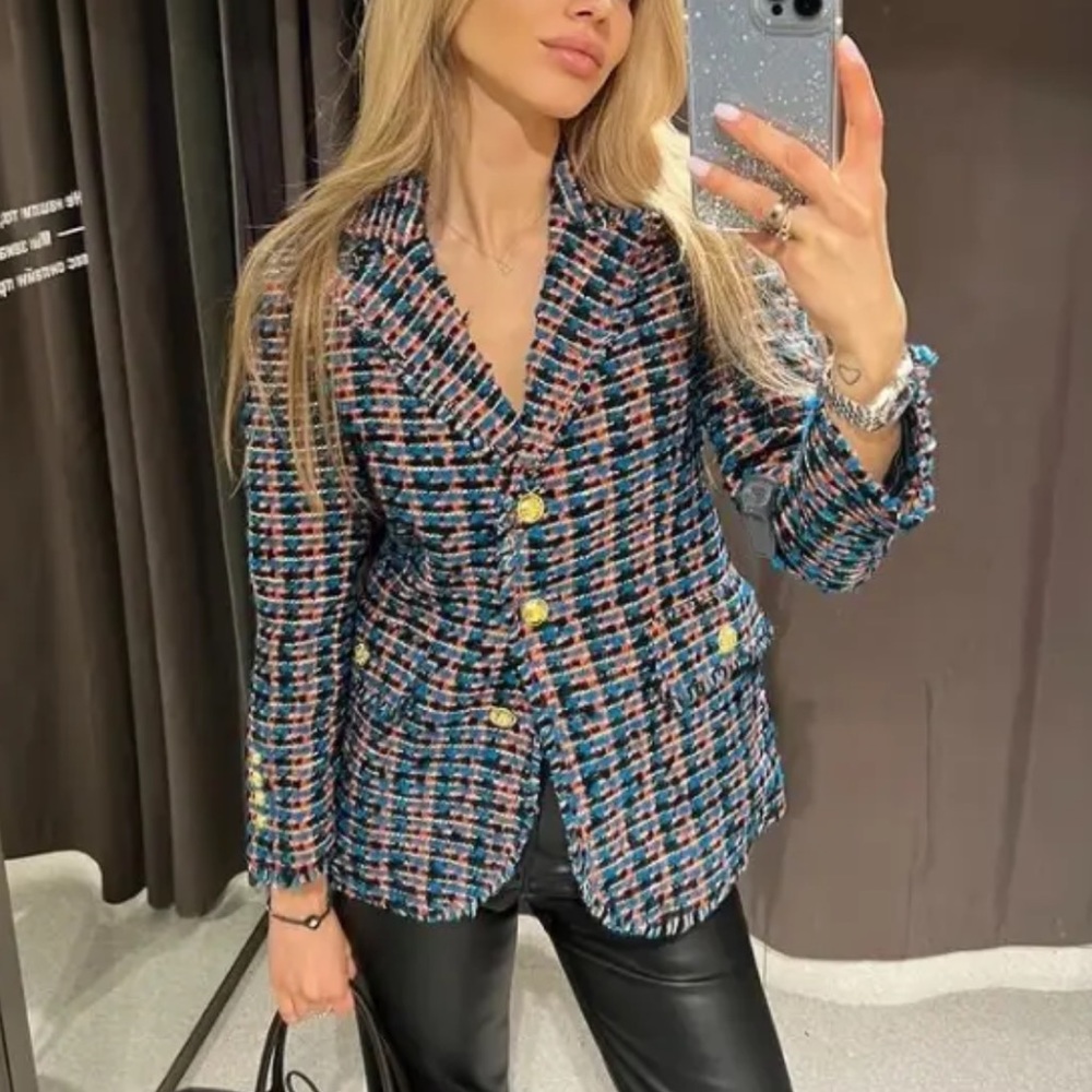 NEW ZARA TEXTURED FITTED BLAZER MULTICOLOURED